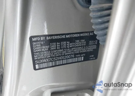 2017 BMW X3 xDrive35I из США, поврежденный, VIN 5UXWX7C52H0S20076